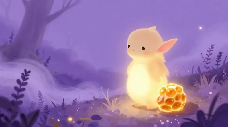 Soothing purple storybook illustration of gentle magical creatures and comfort