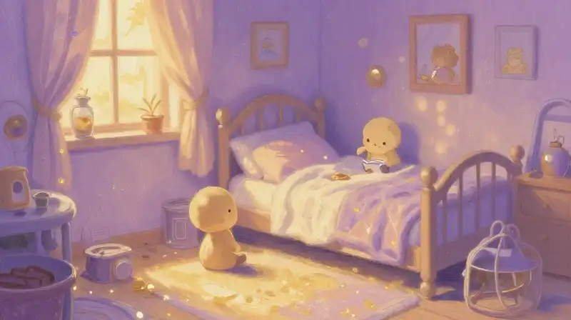 Calm child performs a structured bedtime ritual in a magical purple room