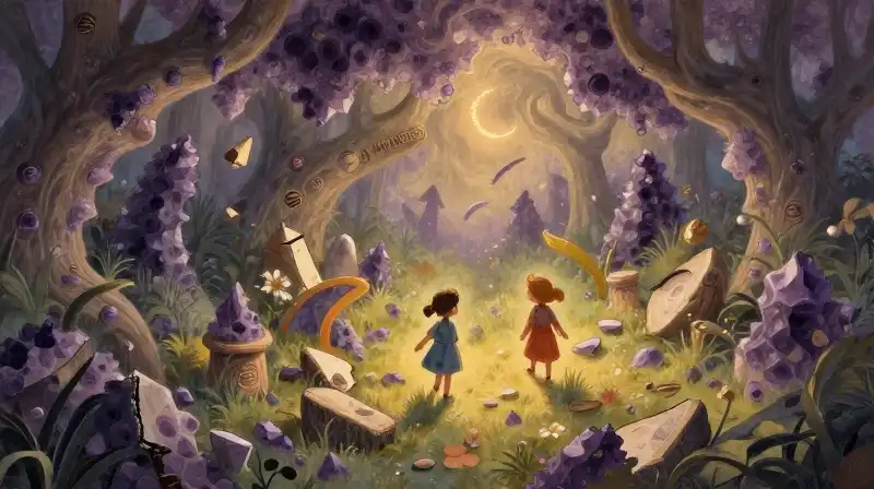 Fractured dream landscape under gentle magical chaos in purple