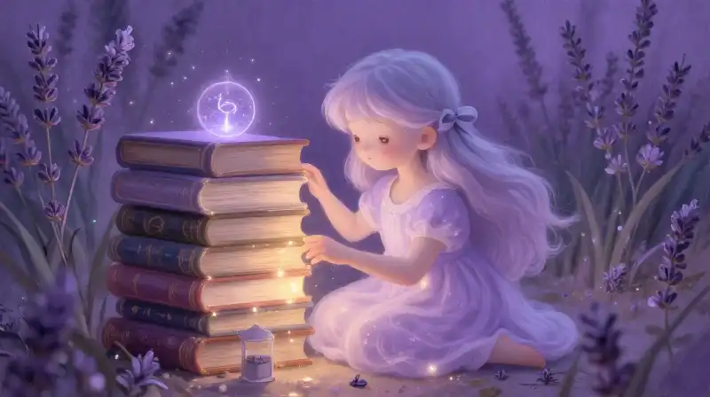 Whimsical storybooks in a magical lavender enchanted library