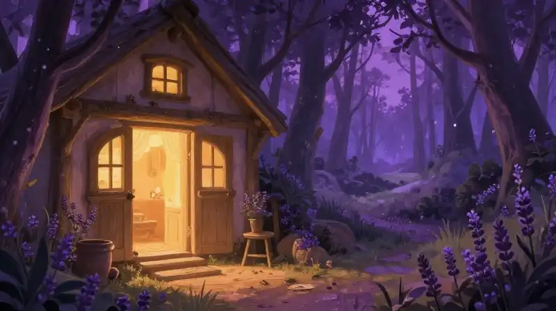 Whimsical storybook scene of a home surrounded by purple forest