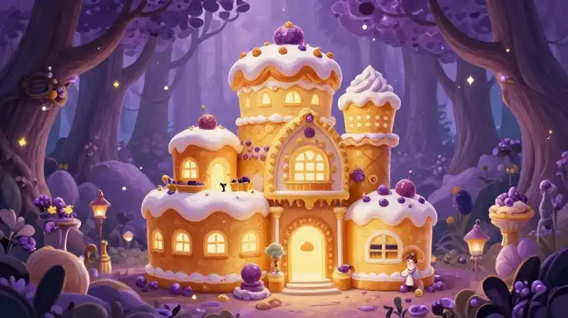 Whimsical illustration of a magical candy house in a forest