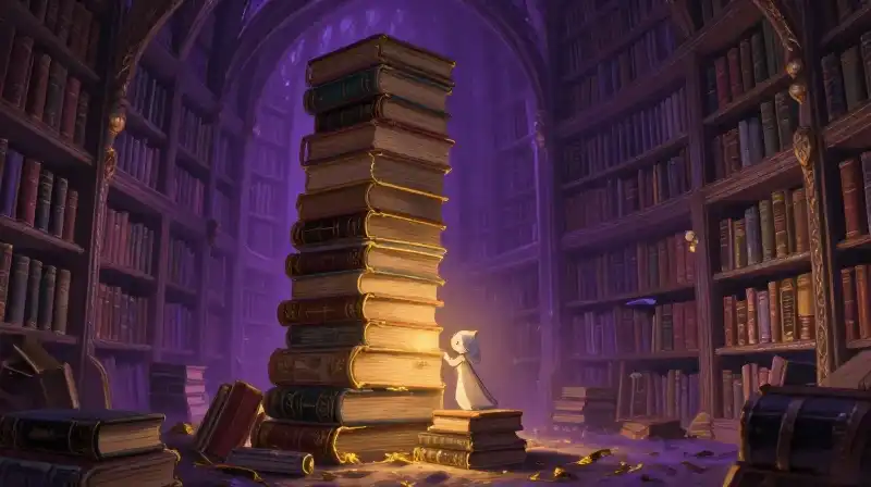 Enchanted library with giant piles of glowing magical story books