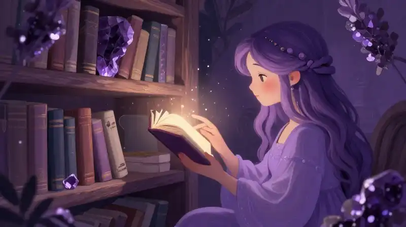 Gentle guide selecting a story in a whimsical purple book nook