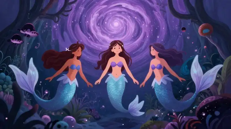 Magical characters balancing human and merfolk life in an enchanted grotto