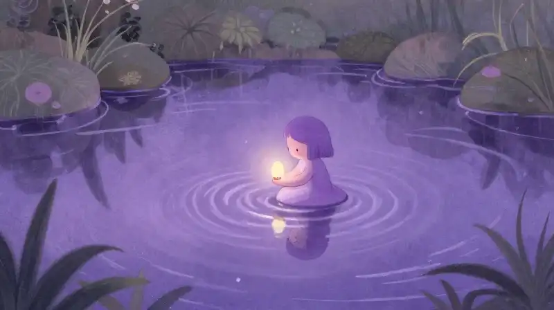 Tiny spirit reflects inner truth in a magical amethyst pond