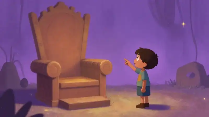 A child pointing out the truth to an absent emperor in a whimsical purple storybook