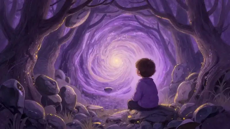 Whimsical purple magical transformation of a real-world scene into a fairy tale