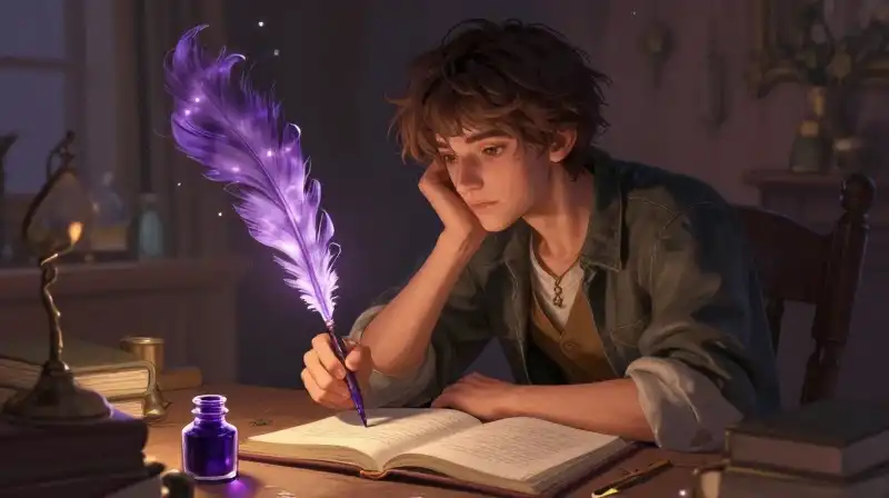Young author struggling to write in a magical purple world