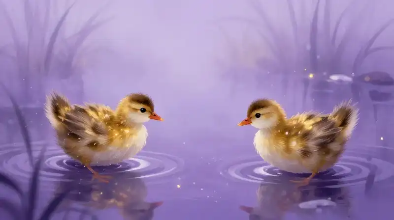 Duckling undergoing transformation in a magical purple storybook scene