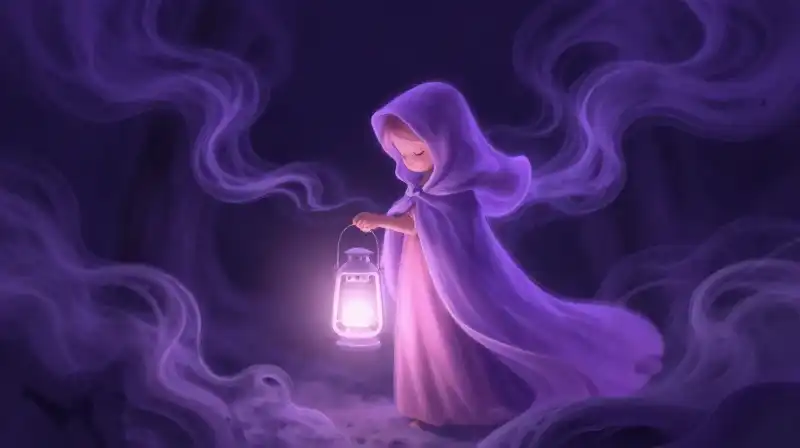 Child stands bravely before a massive, illusory purple garment in a magical setting