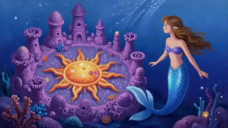 Mermaid observing the surface from a fantastical underwater garden