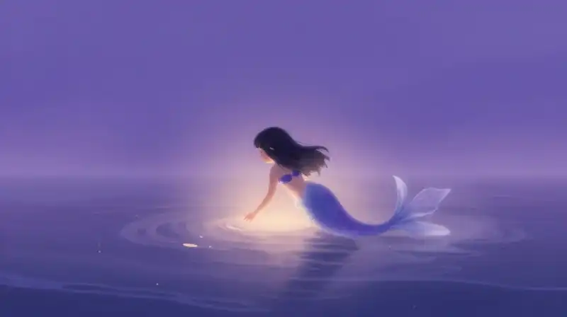 Lonely mermaid reaching through mist at a distant shore