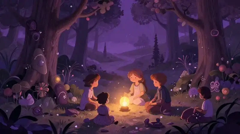 Storybook illustration of a deeply textured magical scene