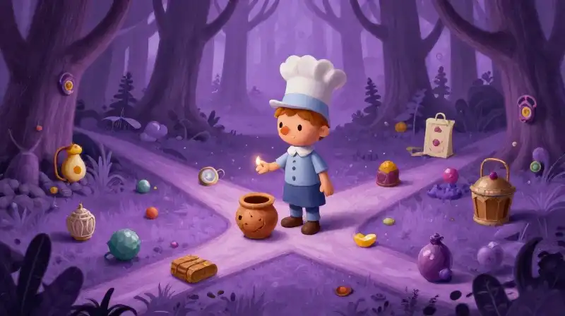 A whimsical illustration of a quest through a magical purple forest