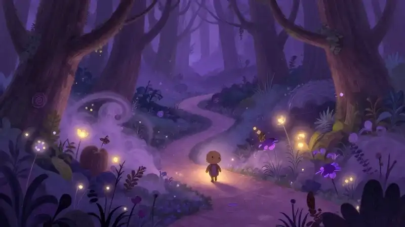 Child exploring the magical, challenging heart of a purple fairy tale forest