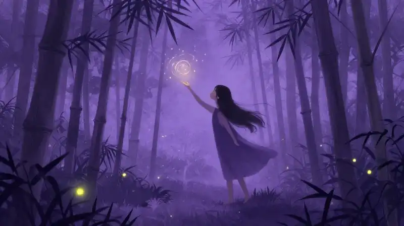 Storybook illustration of a sprite chasing glowing fireflies in a magical bamboo grove