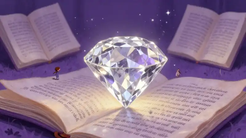 Scratched diamond glowing within a mystical library of folktales