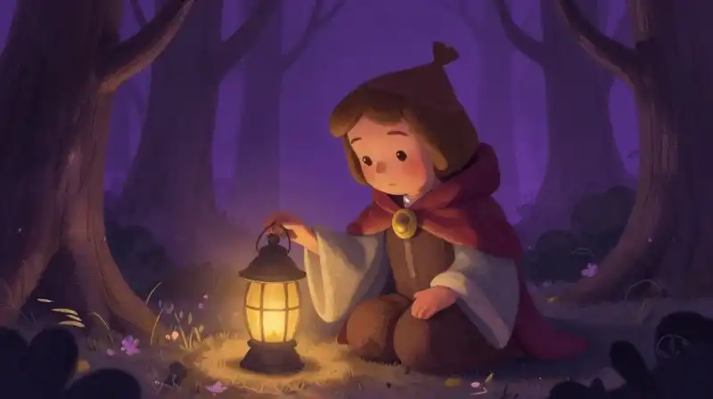 Humble king in a purple enchanted forest, storybook illustration