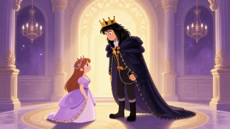 King revealing identity in a whimsical purple royal ball setting