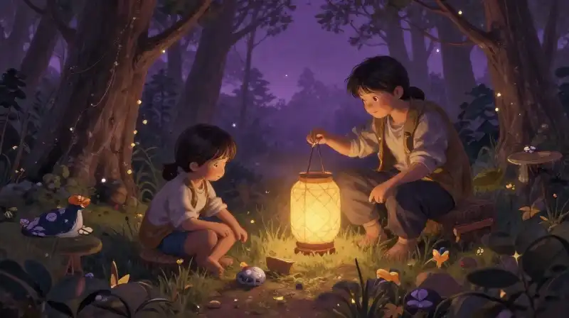 Gentle woodcutters in a magical purple enchanted forest scene