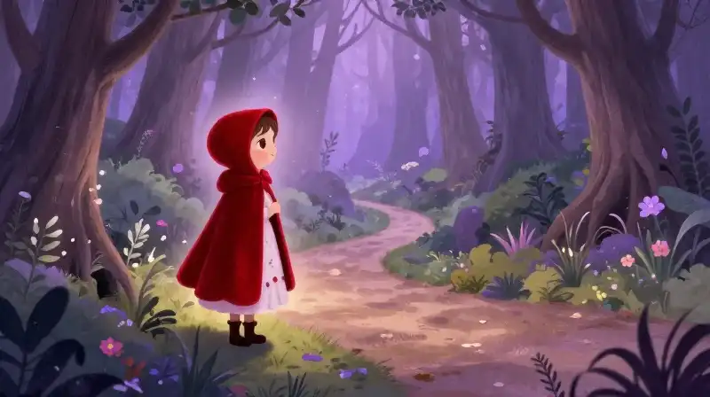 Little Red Riding Hood in red cap on a path in a magical forest
