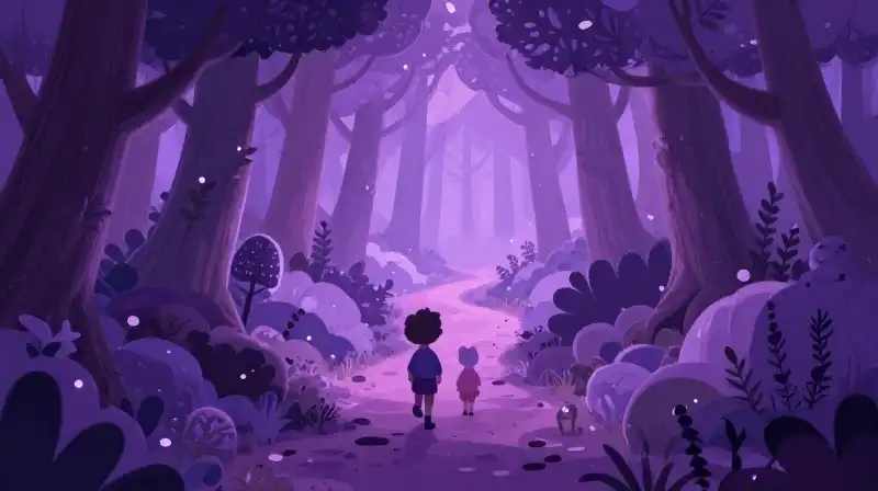 Contrast between dark and gentle stories in magical purple forest