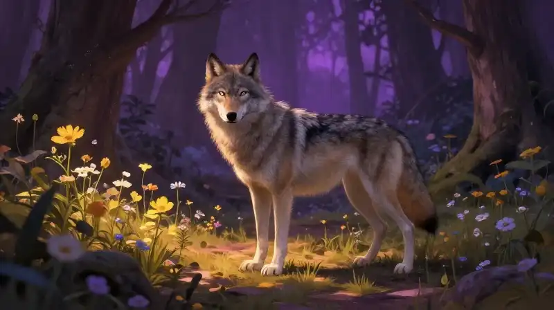 Friendly wolf guiding a child through a magical wildflower meadow