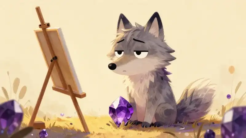 Benevolent frustrated wolf in a whimsical magical purple setting