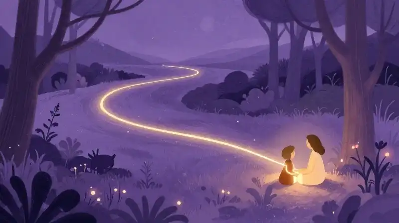 Story guide weaves a gentle narrative thread through a twilight landscape