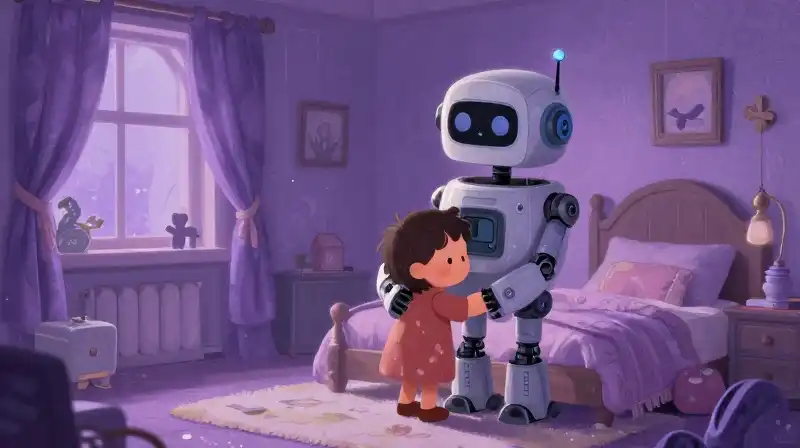 Robot friend and child reading in a magical purple bedtime story