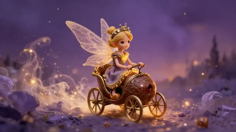 Queen Mab on a miniature hazelnut chariot in a dreamscape