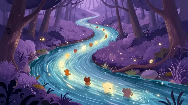 Whimsical illustration of a magical river flowing through an enchanted forest