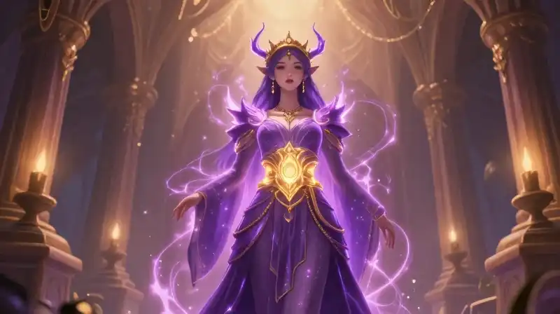 Friendly mythical being wielding a glowing artifact in a purple-hued forest