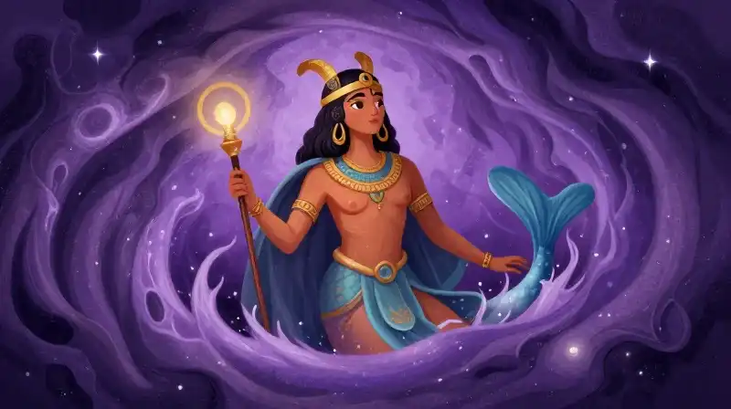 Mythological sea deity hybrid in a purple cosmic swirl