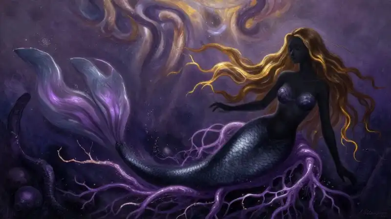 Black mermaid rising from magical transformative waters in a storybook style
