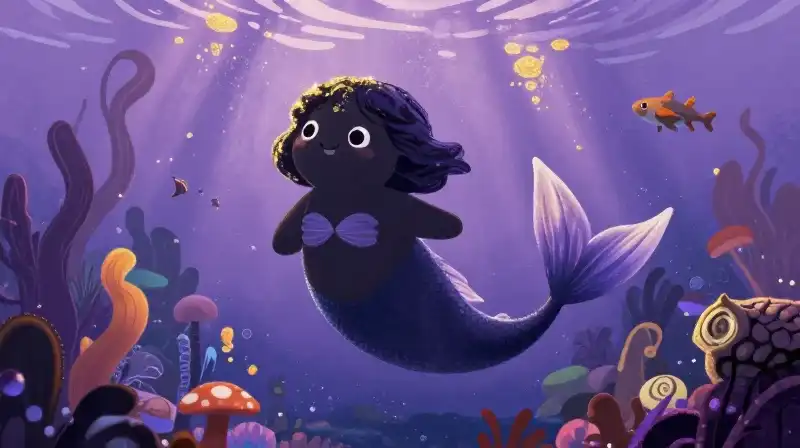 A whimsical black mermaid illustration featuring magical purple hues and diversity