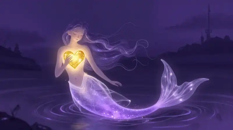 Merfolk girl choosing profound self-sacrifice in magical purple twilight