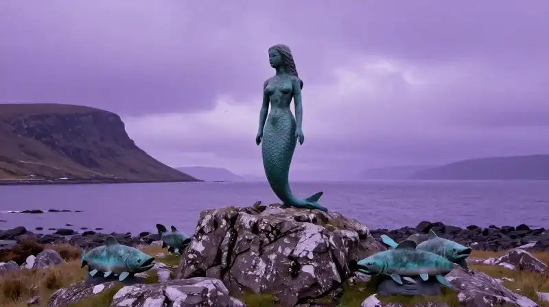 Mermaid statue on Scottish coast in a magical twilight