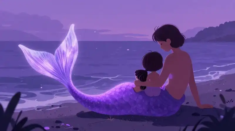Mermaid returning home with a family in a magical cove