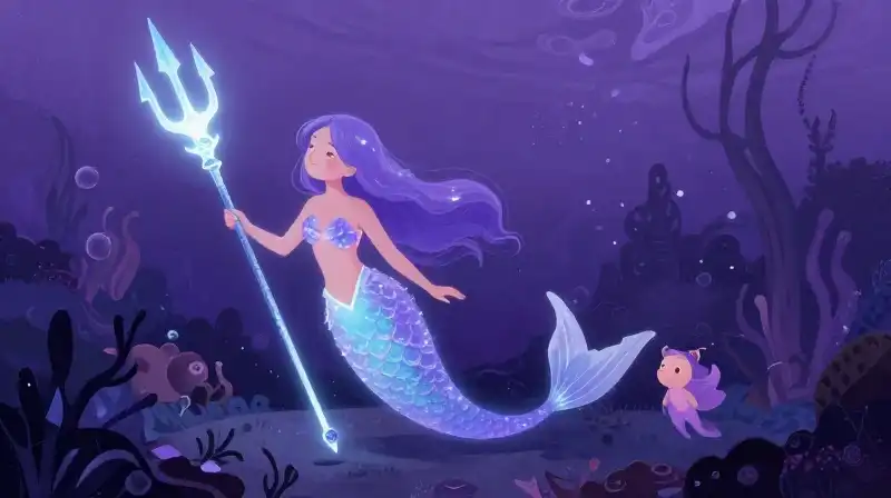 Merfolk finds a magical glowing trident in enchanted ocean depths