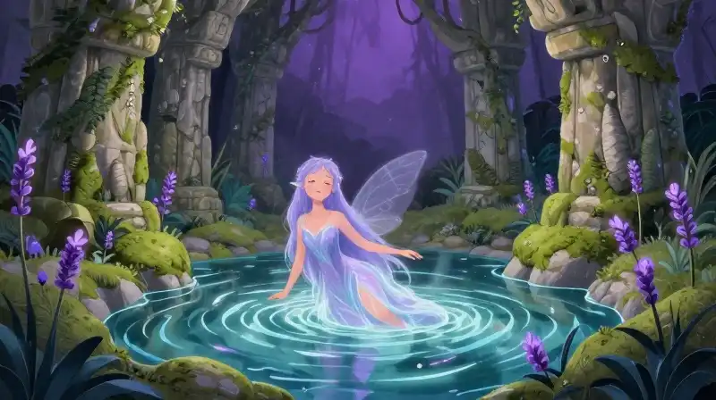 Whimsical water sprite guardian in enchanted purple garden