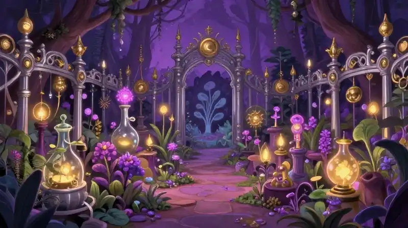 Enchanted garden sanctuary filled with magical medicinal plants and golden ornaments