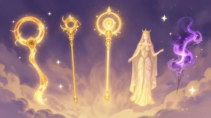 Mythical artifacts from different cultures floating in a magical purple galaxy