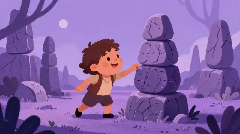 Whimsical sprite disrupts a stack of carved stones in a magical landscape