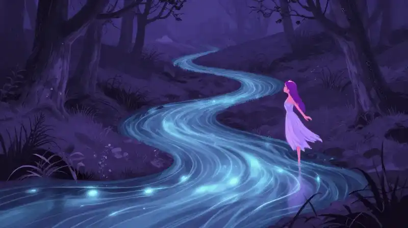 Whimsical nature spirit by a magical river, storybook style