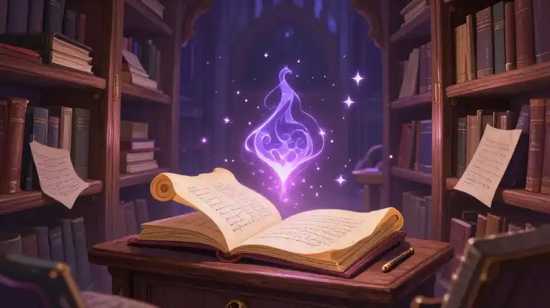 Folklore scrolls collected by ancient magic, gentle purple storybook illustration