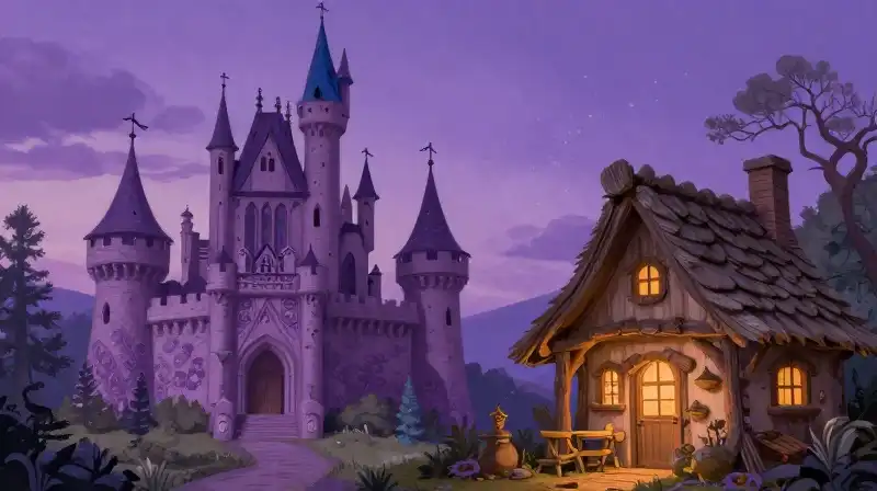 Contrasting magical castle and cozy cottage illustration