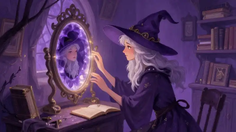 Old witch transforming by a magical purple mirror in a whimsical storybook setting
