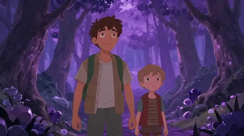 Traveler and companion in a whimsical, magical purple forest